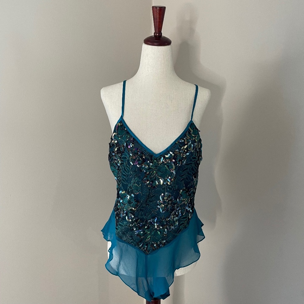 Vintage Victoria's Secret Teal Silk and Sparkle Sequin Teddy Bodysuit Snap M